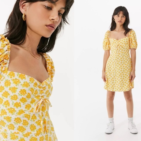 Faithfull the Brand Dresses & Skirts - Faithfull the Brand Yellow Floral Tie-Front Puff Sleeve Mini Dress